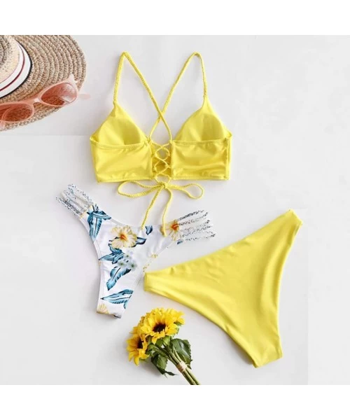 Sets Women's Sexy Bathing Suit Crisscross Lace Up Bikini Set High Waist Floral Print Three Piece Swimsuits Beachwear Yellow -...