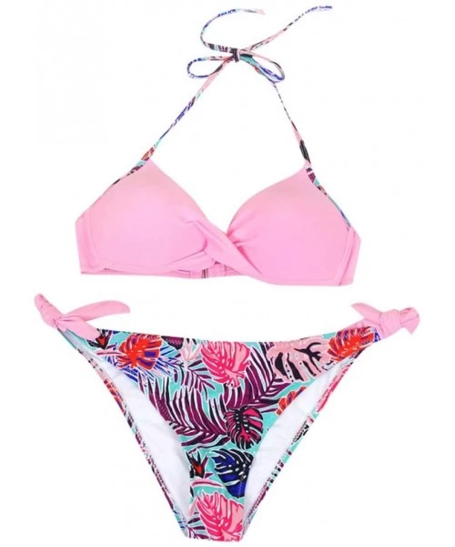 Tops Women's Swimsuit Halter Halter Strap Solid Print Bikini Set(G-Pink-XXL) - G-pink - C0196U5ILCX