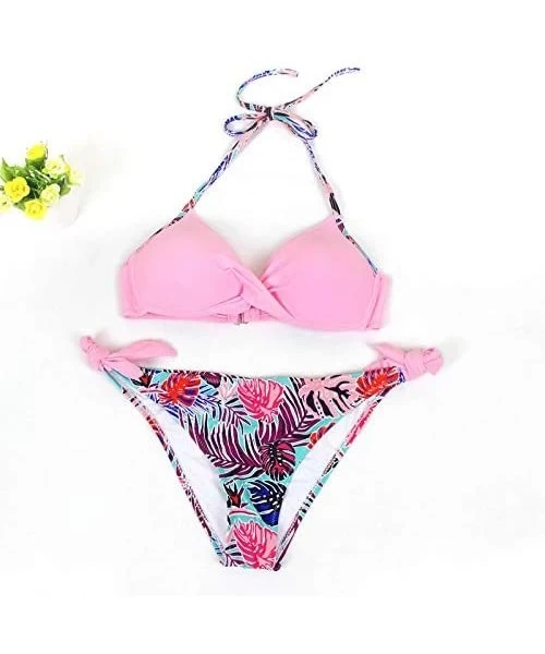 Tops Women's Swimsuit Halter Halter Strap Solid Print Bikini Set(G-Pink-XXL) - G-pink - C0196U5ILCX