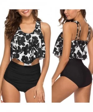 Bottoms 2PC Women Bikini Set High Waist Swimsuit Floral Print Bathinsuit Beach Swimwear - Black a - C01962C3439