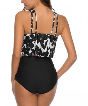 Bottoms 2PC Women Bikini Set High Waist Swimsuit Floral Print Bathinsuit Beach Swimwear - Black a - C01962C3439