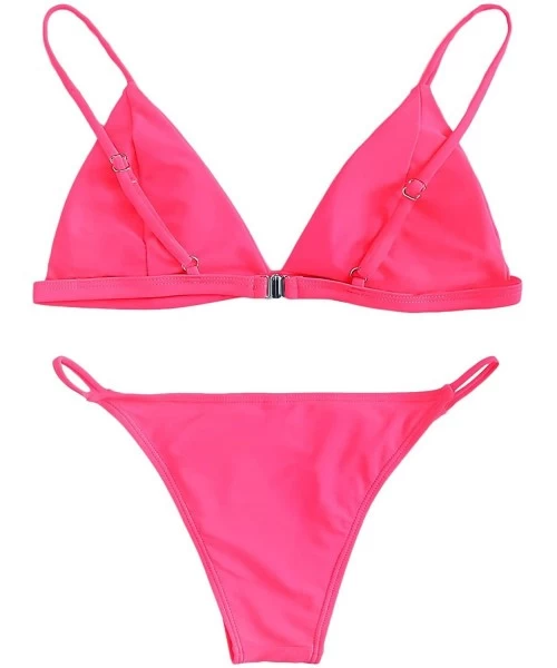 Sets Women's Burgundy Plain Wire Free High Leg Triangle Bralette Bikini - 1hot Pink - CA1932GW6Y8