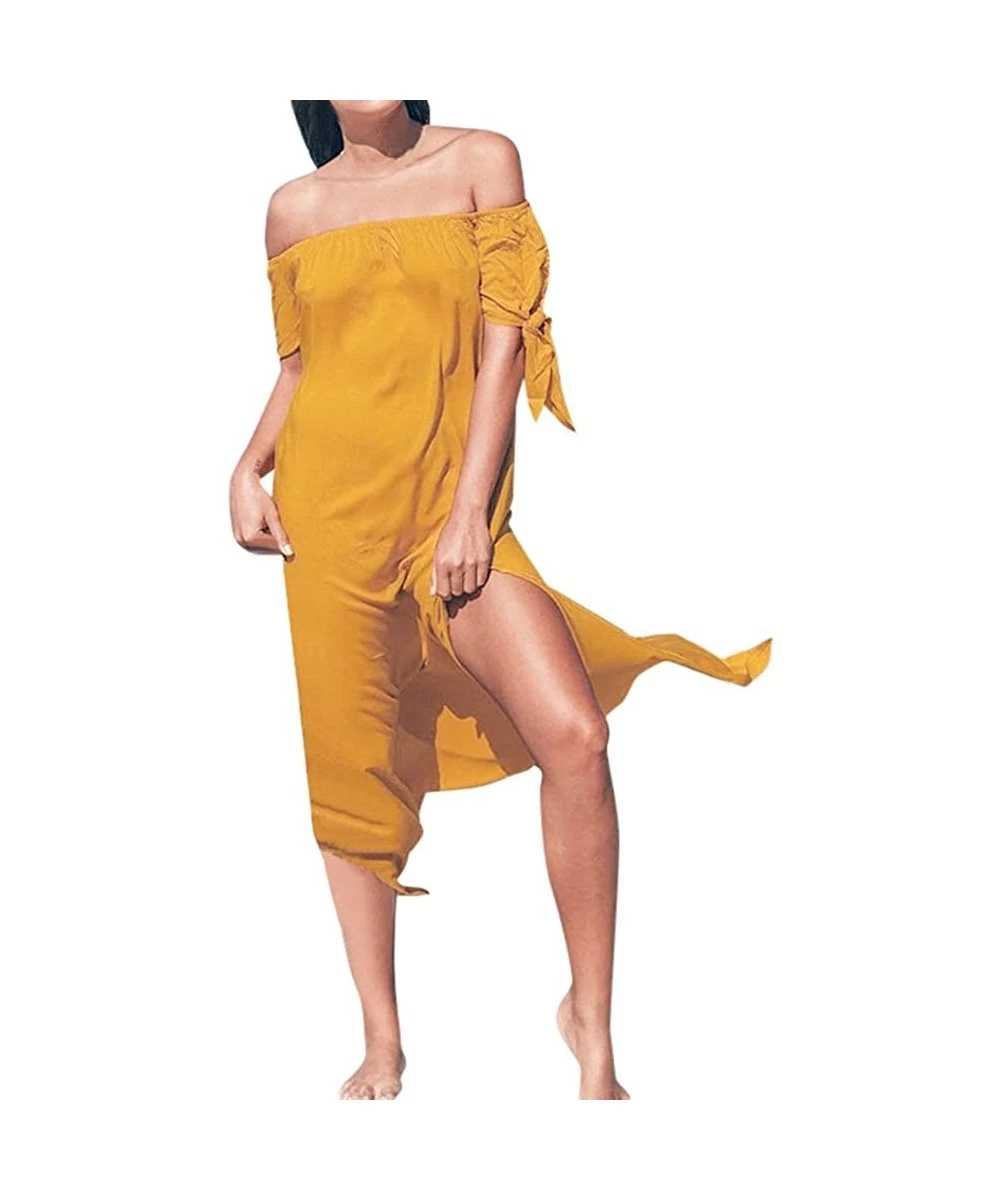 Cover-Ups Women Chiffon Summer Perspective Beach Dress- Off Shoulder Maxi Dress Holiday Swimwear Cover Up ANJUNIE - Orange - ...