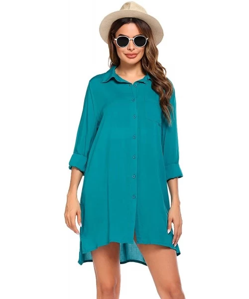 Cover-Ups Women's Beach Bikini Cover-up Long Roll-up Sleeve Summer Covers - Dark Cyan - C819CMX756H