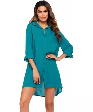 Cover-Ups Women's Beach Bikini Cover-up Long Roll-up Sleeve Summer Covers - Dark Cyan - C819CMX756H