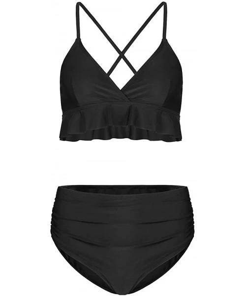 Sets Women's Two Pieces Swimsuit Ruffled Flounce Top with High Waisted Bottom Bikini Set Adjustable V Neck Swimwear Black - C...