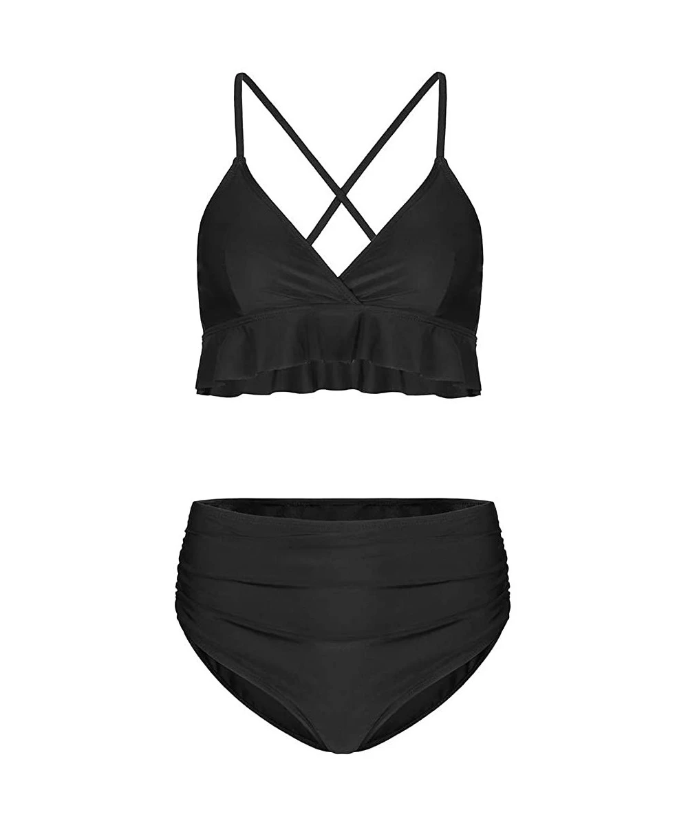 Sets Women's Two Pieces Swimsuit Ruffled Flounce Top with High Waisted Bottom Bikini Set Adjustable V Neck Swimwear Black - C...