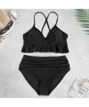 Sets Women's Two Pieces Swimsuit Ruffled Flounce Top with High Waisted Bottom Bikini Set Adjustable V Neck Swimwear Black - C...