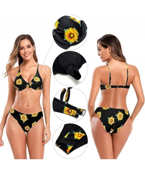 Sets Women's Bathing Suits Push Up Underwire Padded Bikini Two Piece Swimsuits - Printing - Black - CJ192ZTLQXS