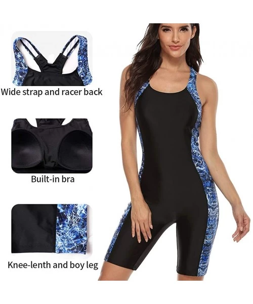 Racing Women Boyleg Swimsuit One Piece Racerback Athletic Bathing Suit - Black Printing - C8192M2QG5M