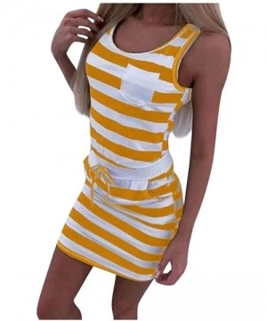 Sets Summer Women Casual Sleeveless Stripe T Shirts Dress Tunic Waist Dresses - Yellow - C3199Q2T6CE