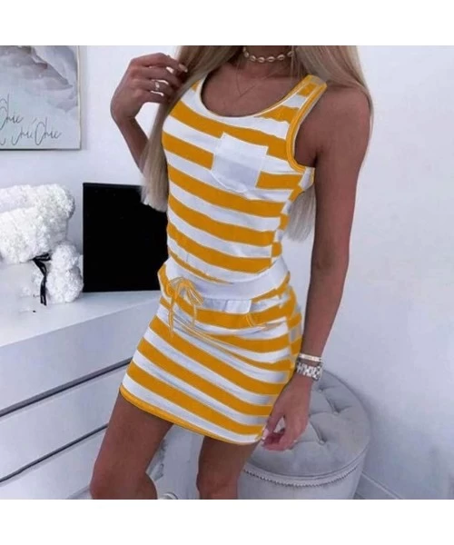 Sets Summer Women Casual Sleeveless Stripe T Shirts Dress Tunic Waist Dresses - Yellow - C3199Q2T6CE