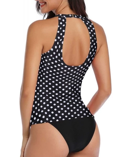 One-Pieces High Neck Tankini Swimsuits for Women Halter Bathing Suits Two Piece Floral Print Swimwear - Black Polka Dot - CC1...