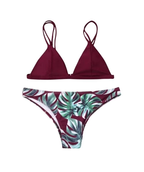 Tops Swimsuit Set for Women Leaves Print Padded Bathing Suits Straps Push-Up Bikini - Wine Red - CH1952W286L