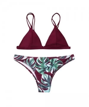 Tops Swimsuit Set for Women Leaves Print Padded Bathing Suits Straps Push-Up Bikini - Wine Red - CH1952W286L