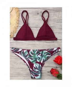 Tops Swimsuit Set for Women Leaves Print Padded Bathing Suits Straps Push-Up Bikini - Wine Red - CH1952W286L