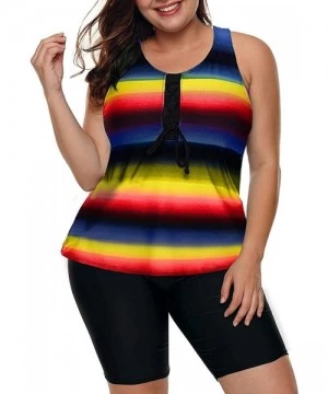 One-Pieces Women's Open Back Color Block Striped Tankini Set with Boyshort - Yellow Ombre - CD18UKX72CI