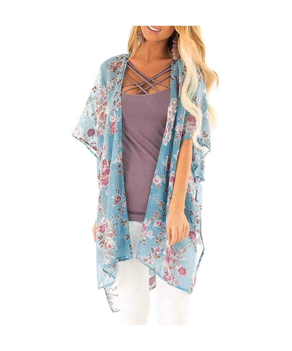 Cover-Ups Ladies Fashion Boho Printed Beach Sunscreen Shirt Loose Casual Swimsuit Cover Up Kimono Cardigan Tops - Blue - CT18...