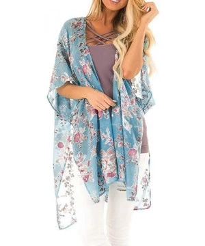 Cover-Ups Ladies Fashion Boho Printed Beach Sunscreen Shirt Loose Casual Swimsuit Cover Up Kimono Cardigan Tops - Blue - CT18...