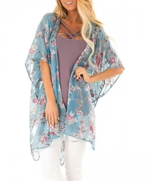 Cover-Ups Ladies Fashion Boho Printed Beach Sunscreen Shirt Loose Casual Swimsuit Cover Up Kimono Cardigan Tops - Blue - CT18...