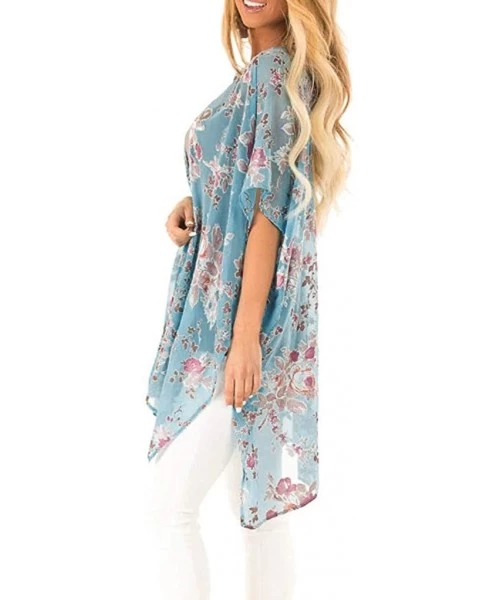 Cover-Ups Ladies Fashion Boho Printed Beach Sunscreen Shirt Loose Casual Swimsuit Cover Up Kimono Cardigan Tops - Blue - CT18...