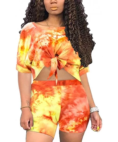 Sets 2 Piece Outfits for Women Sexy Two Piece Sets Tie Front Crop Top + Skinny Pants Jumpsuits Orange&yellow boat Neck - C619...