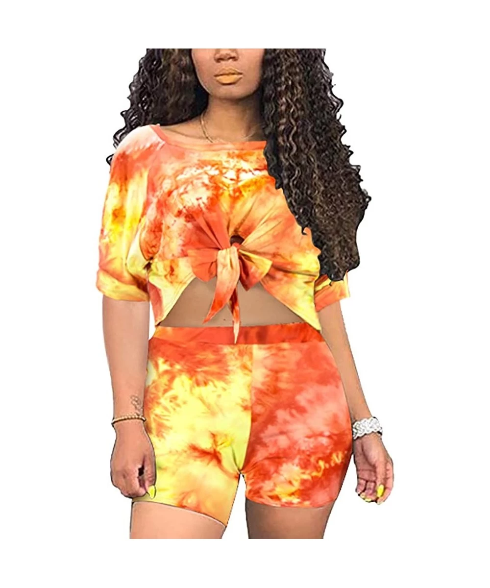 Sets 2 Piece Outfits for Women Sexy Two Piece Sets Tie Front Crop Top + Skinny Pants Jumpsuits Orange&yellow boat Neck - C619...