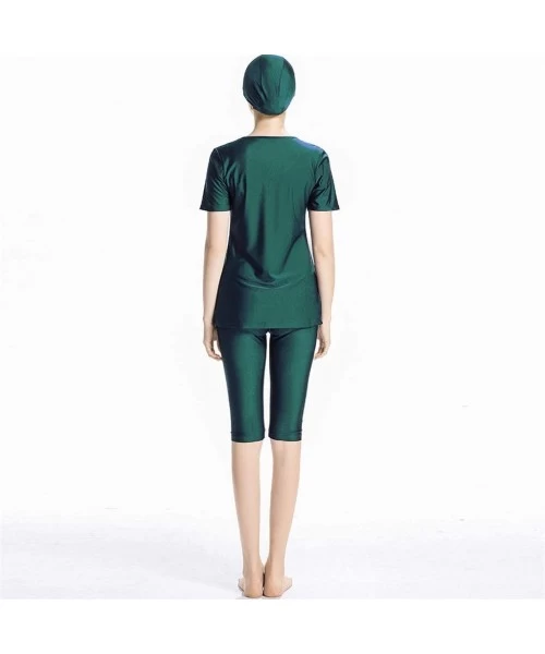 One-Pieces Women Modest Muslim Solid Color Swimwear for Women Girls Bathing Suit with Cap - Green - CB18OXXTDLX