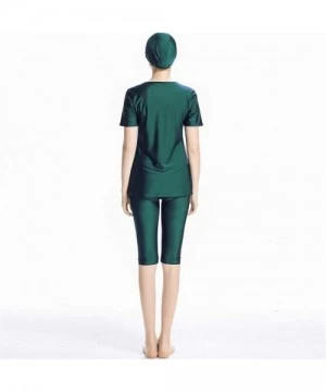 One-Pieces Women Modest Muslim Solid Color Swimwear for Women Girls Bathing Suit with Cap - Green - CB18OXXTDLX