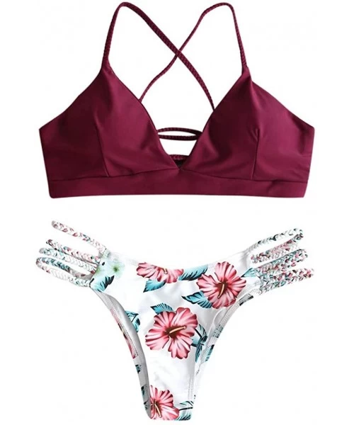 Sets Foral Lace Up Bikini Set for Women Adjustable Back Criss-Cross Braided Strap Two Piece Swimsuits - Wine - C6194A7ATSS