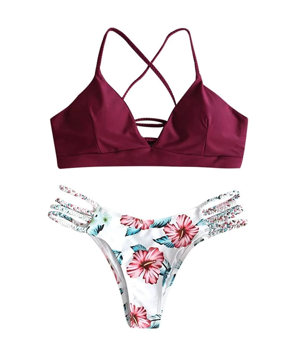 Sets Foral Lace Up Bikini Set for Women Adjustable Back Criss-Cross Braided Strap Two Piece Swimsuits - Wine - C6194A7ATSS