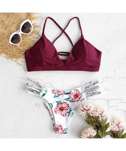 Sets Foral Lace Up Bikini Set for Women Adjustable Back Criss-Cross Braided Strap Two Piece Swimsuits - Wine - C6194A7ATSS