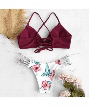 Sets Foral Lace Up Bikini Set for Women Adjustable Back Criss-Cross Braided Strap Two Piece Swimsuits - Wine - C6194A7ATSS