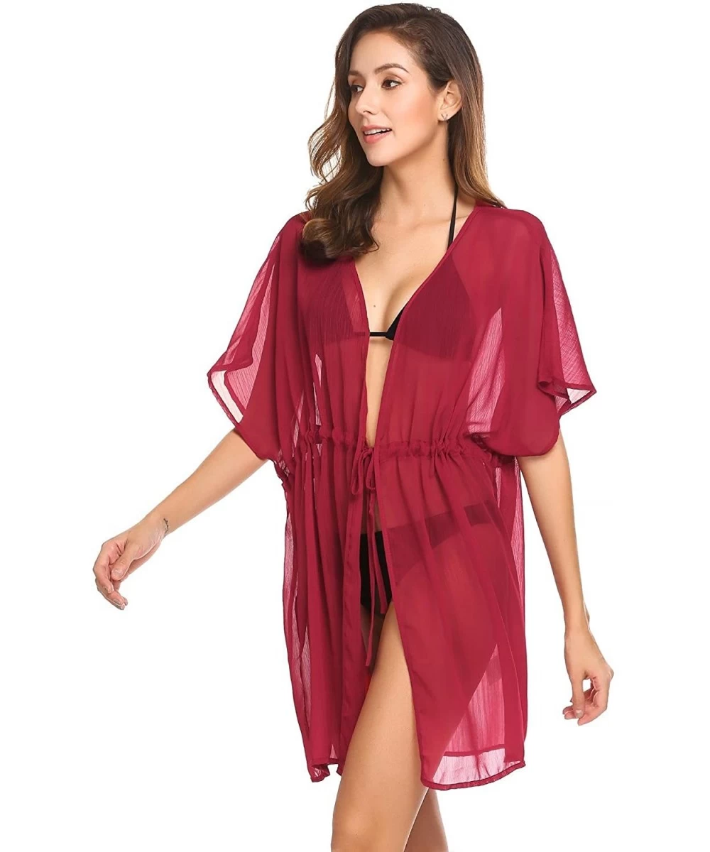 Cover-Ups Womens Floral Lace Swim Cover up Swimwear Bikini Cover-up Beach Dress S-XXL - Wine Red - CV18CLTWZ67