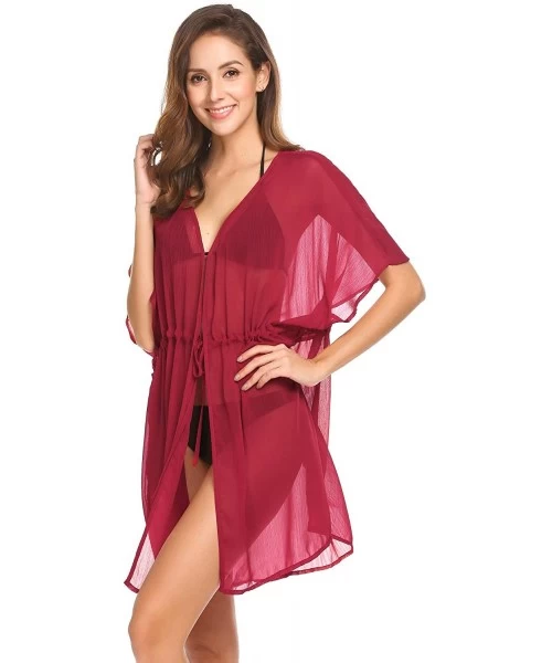 Cover-Ups Womens Floral Lace Swim Cover up Swimwear Bikini Cover-up Beach Dress S-XXL - Wine Red - CV18CLTWZ67