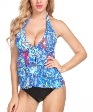 One-Pieces Women Ruffle Halter Tankini Top and Skort Bottom Two Piece Tankini Sets Bathing Suits - Royal Blue - CY1896LA3D6