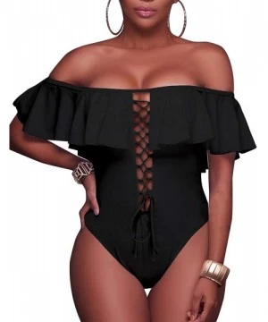 One-Pieces Women's Sexy One Piece Lace Up Ruffled Off Shoulder Flounce Swimsuits - A-black - C118S7QRWIK