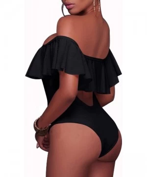 One-Pieces Women's Sexy One Piece Lace Up Ruffled Off Shoulder Flounce Swimsuits - A-black - C118S7QRWIK