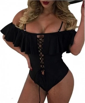 One-Pieces Women's Sexy One Piece Lace Up Ruffled Off Shoulder Flounce Swimsuits - A-black - C118S7QRWIK