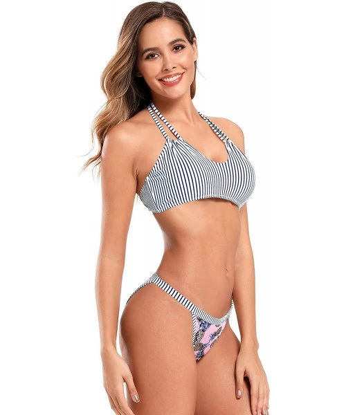 Sets Women's Tropical Floral Printing Tie Side Swim Bottoms Halter Padding Bikini Set Two Piece Swimsuits Stripe Blue - CJ18I...