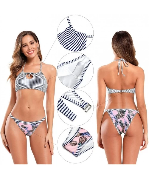 Sets Women's Tropical Floral Printing Tie Side Swim Bottoms Halter Padding Bikini Set Two Piece Swimsuits Stripe Blue - CJ18I...