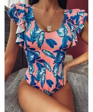 One-Pieces Women Boho Floral Print Ruffle V Neck One Piece Bikini Swimsuit - Multicolored - CC194C8XS5R