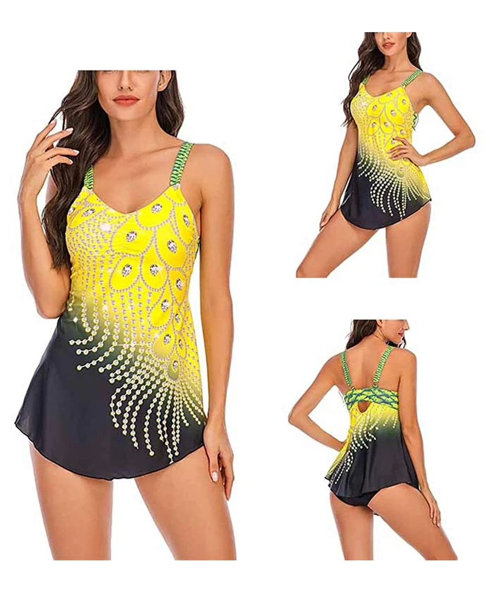 Tops Womens Feather Sequins Print Tankini Swimwear Two Piece Set Tummy Control Swimming Bathing Suit Swimsuits Yellow - CR198...