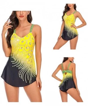 Tops Womens Feather Sequins Print Tankini Swimwear Two Piece Set Tummy Control Swimming Bathing Suit Swimsuits Yellow - CR198...