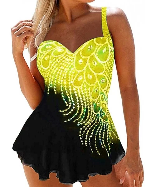 Tops Womens Feather Sequins Print Tankini Swimwear Two Piece Set Tummy Control Swimming Bathing Suit Swimsuits Yellow - CR198...