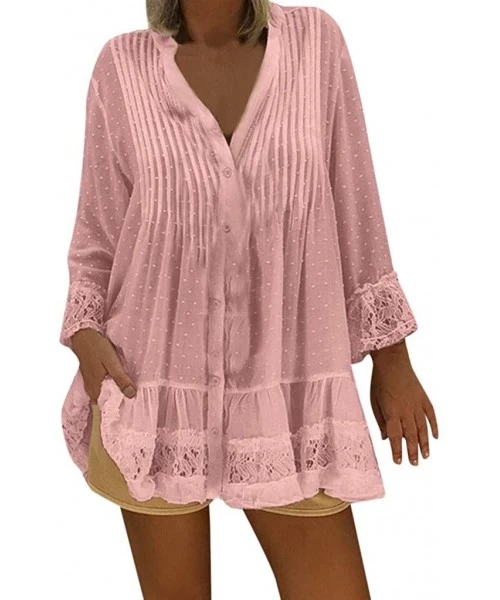 Cover-Ups Women Plus Size Tops V Neck Caftan Boho Beach Cover Plus Size Ladies Vintage Hippie Baggy Blouse - Pink - CS18QWNQXON