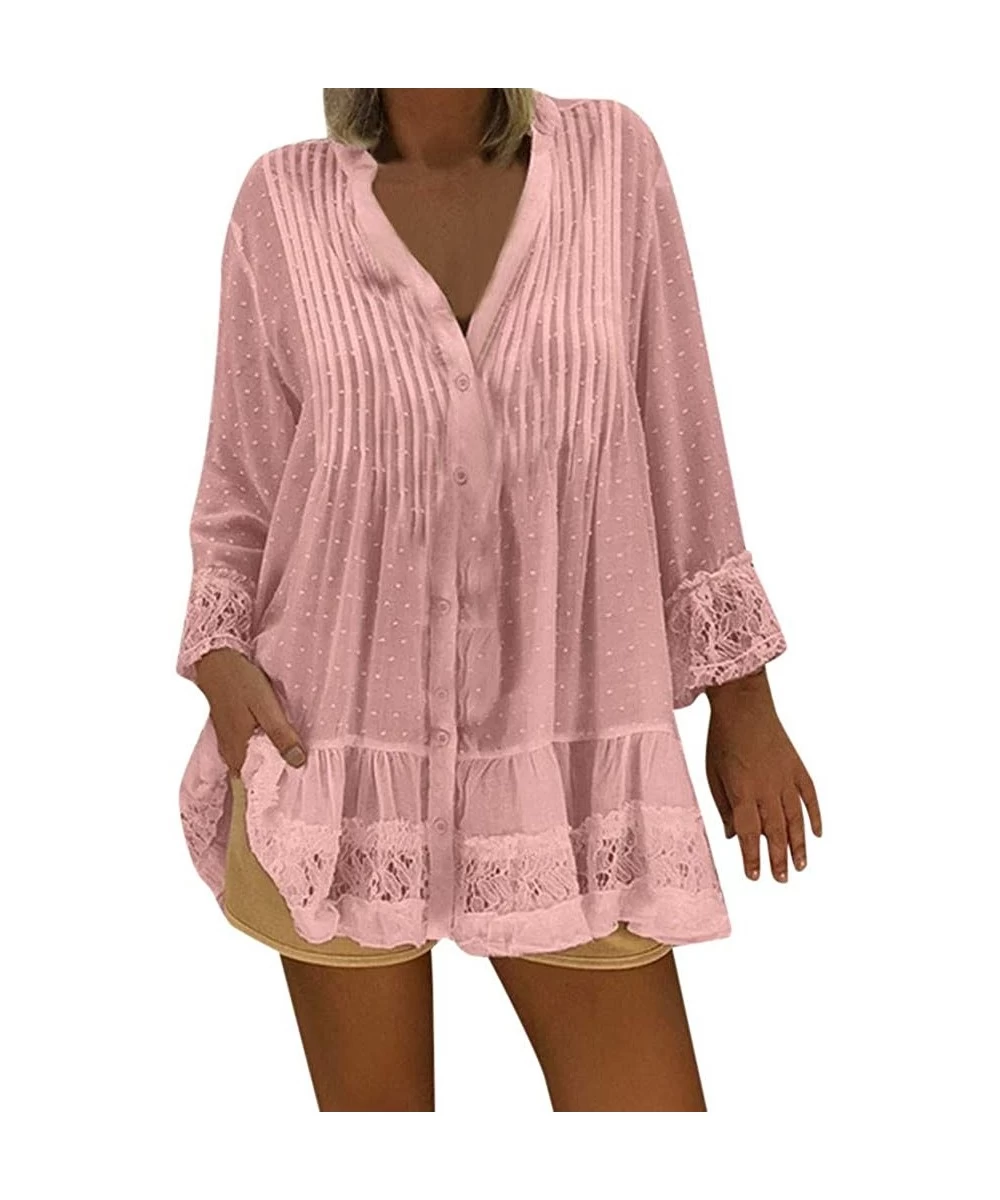 Cover-Ups Women Plus Size Tops V Neck Caftan Boho Beach Cover Plus Size Ladies Vintage Hippie Baggy Blouse - Pink - CS18QWNQXON