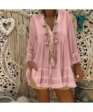 Cover-Ups Women Plus Size Tops V Neck Caftan Boho Beach Cover Plus Size Ladies Vintage Hippie Baggy Blouse - Pink - CS18QWNQXON