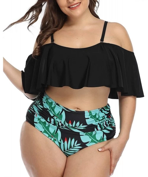 Sets Plus Size Two Piece Swimsuits for Women Off Shoulder Top High Waisted Ruched Bikini - Blue Leaf - C318AHHC6X6