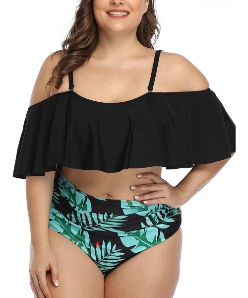 Sets Plus Size Two Piece Swimsuits for Women Off Shoulder Top High Waisted Ruched Bikini - Blue Leaf - C318AHHC6X6